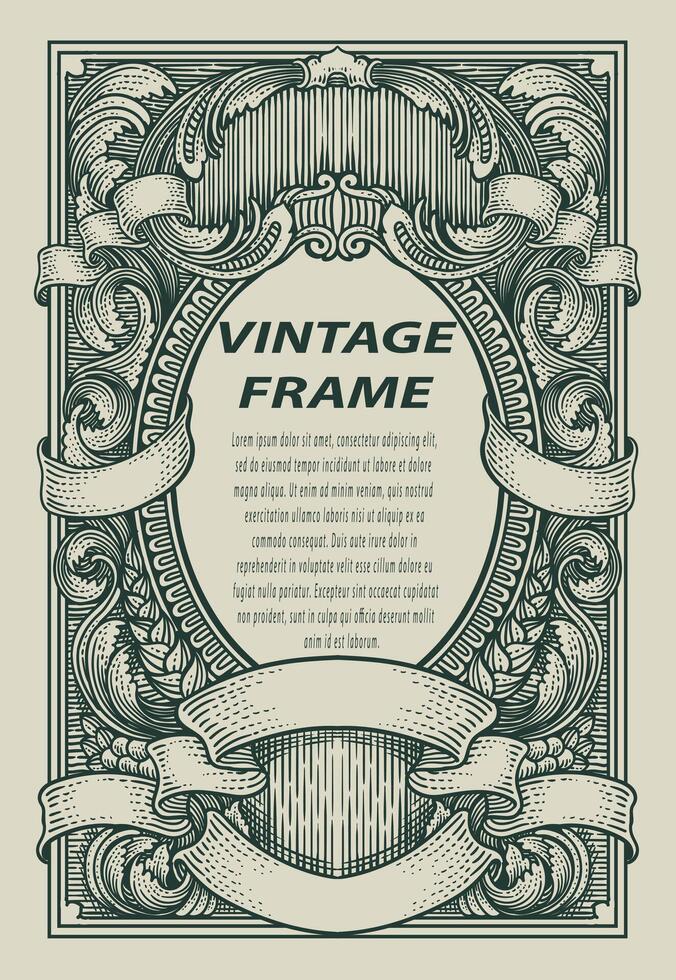 Vintage border frame engraving with antique ornament pattern - Design vector