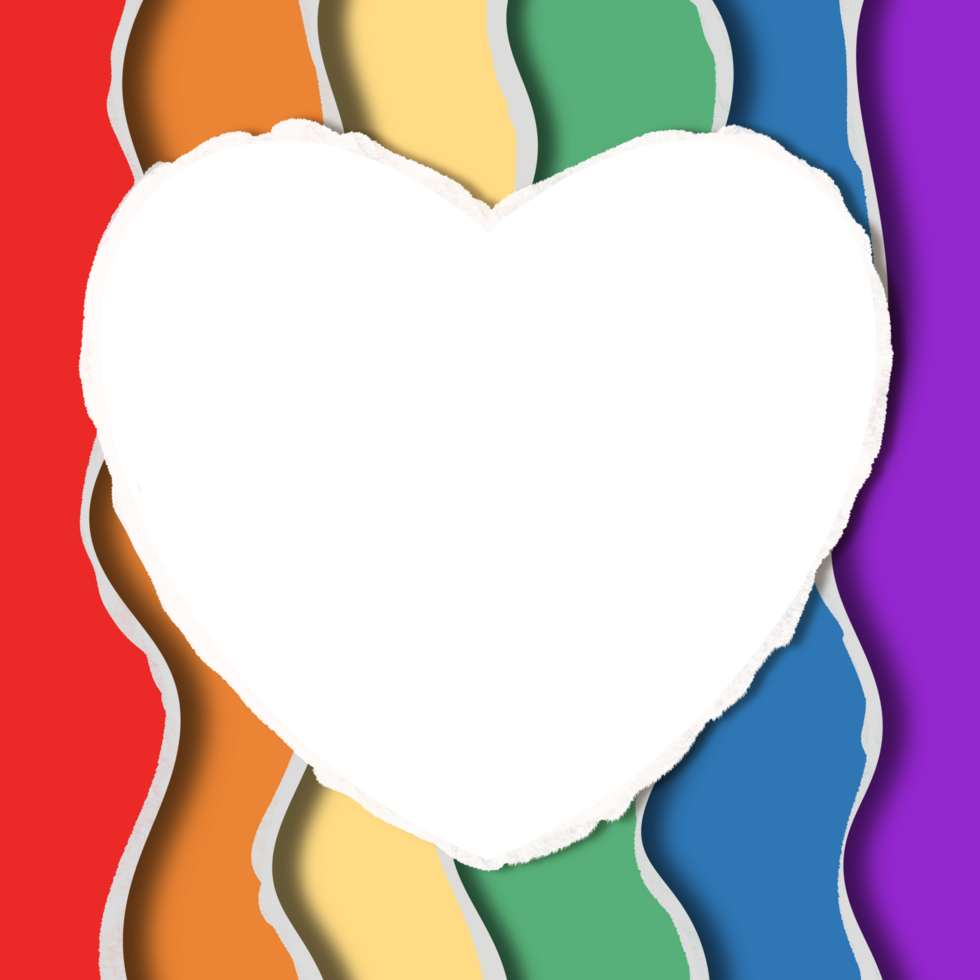 Transparent heart frame with rainbow background, pride month concept illustration, paper cut style png