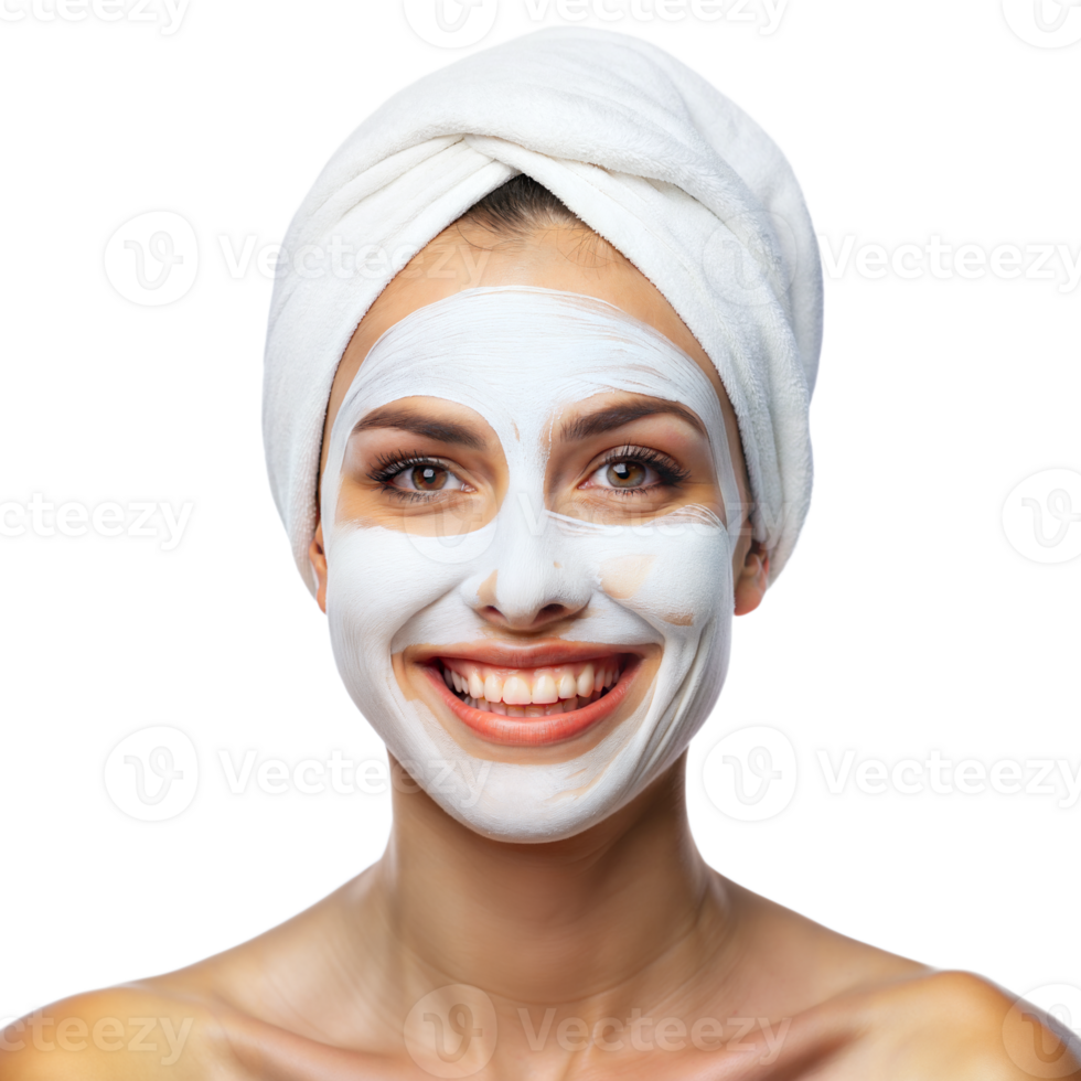 Smiling Woman With Face Mask and Towel Wrap png