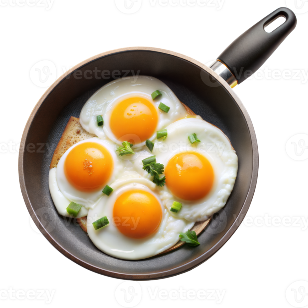 Three Fried Eggs With Green Onions in Frying Pan png