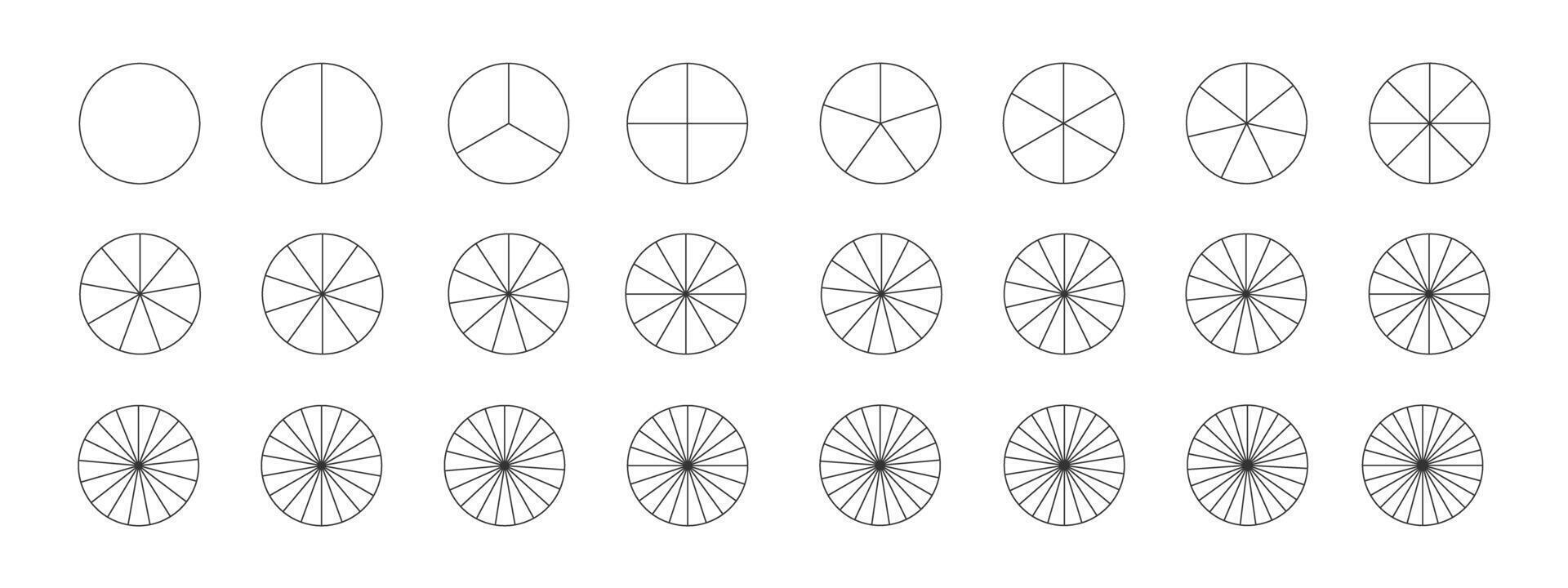 Donut or pie chart templates. Circle divides on equal parts from 2 to 24. Set of graphic wheel diagrams with sectors vector