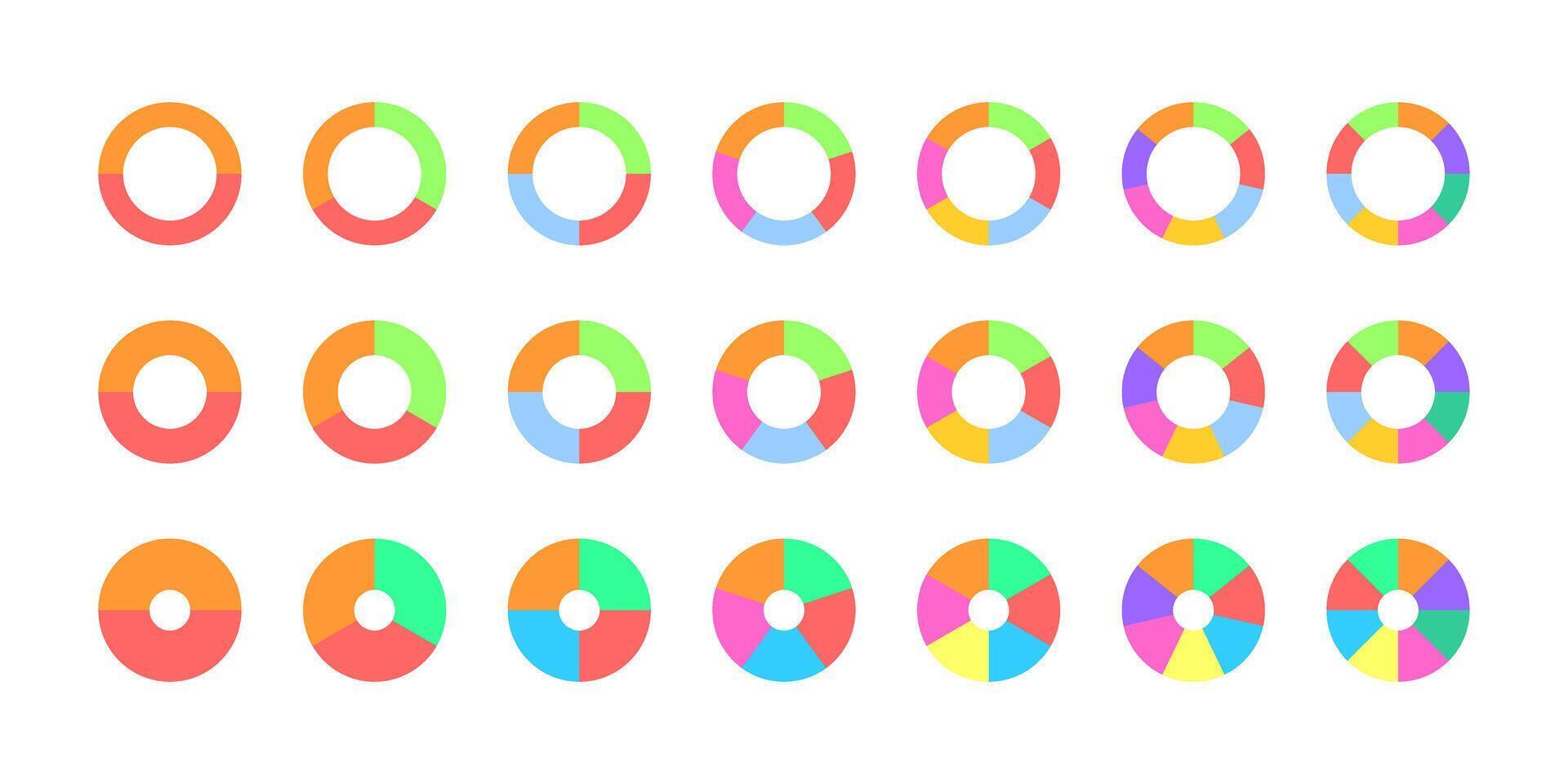 Set of colorful donut or pie chart. Circle division on 2, 3, 4, 5, 6, 7, 8 equal parts. Wheel diagrams with two, three, four, five, six, seven, eight segments vector
