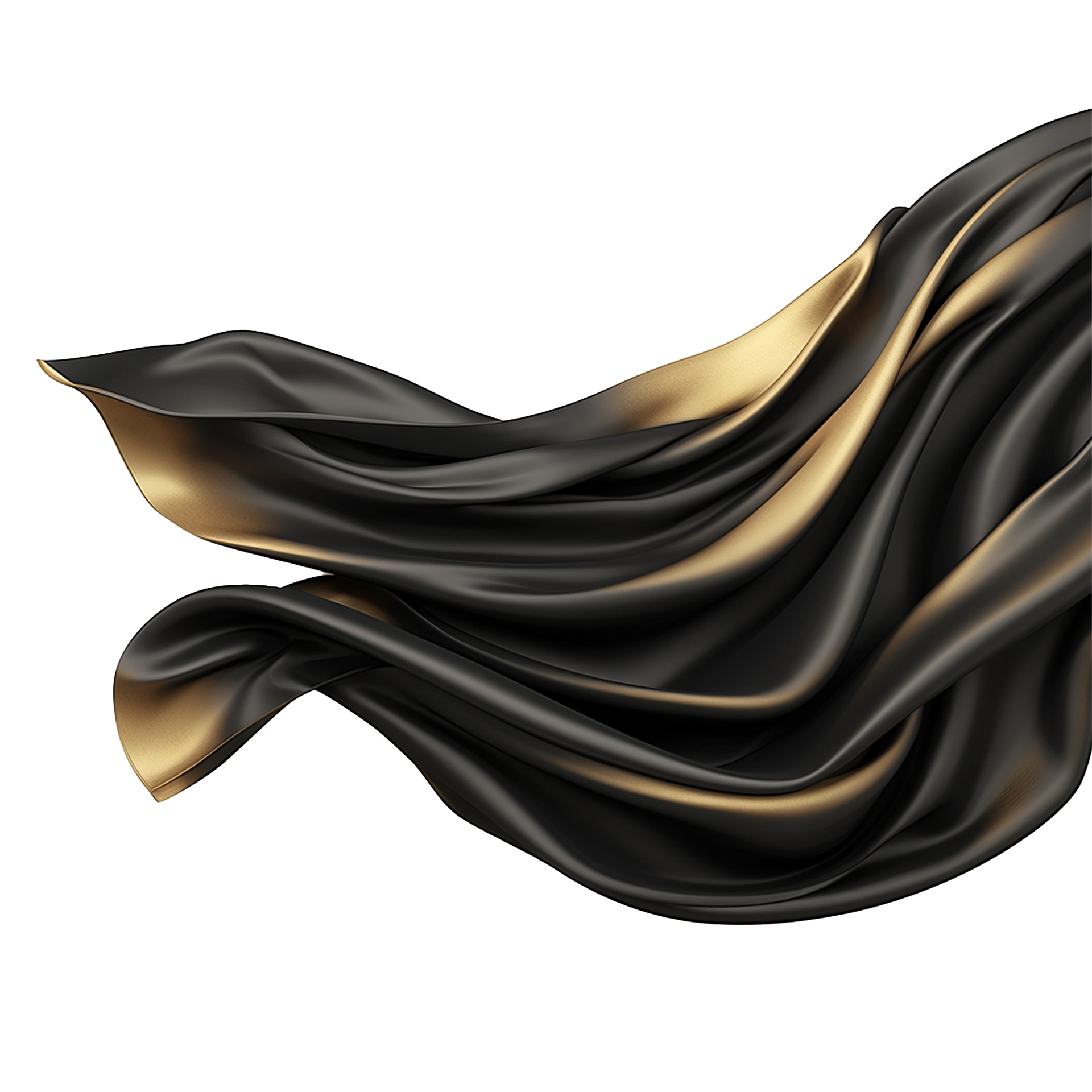 Black and golden silk flying isolated on transparent background