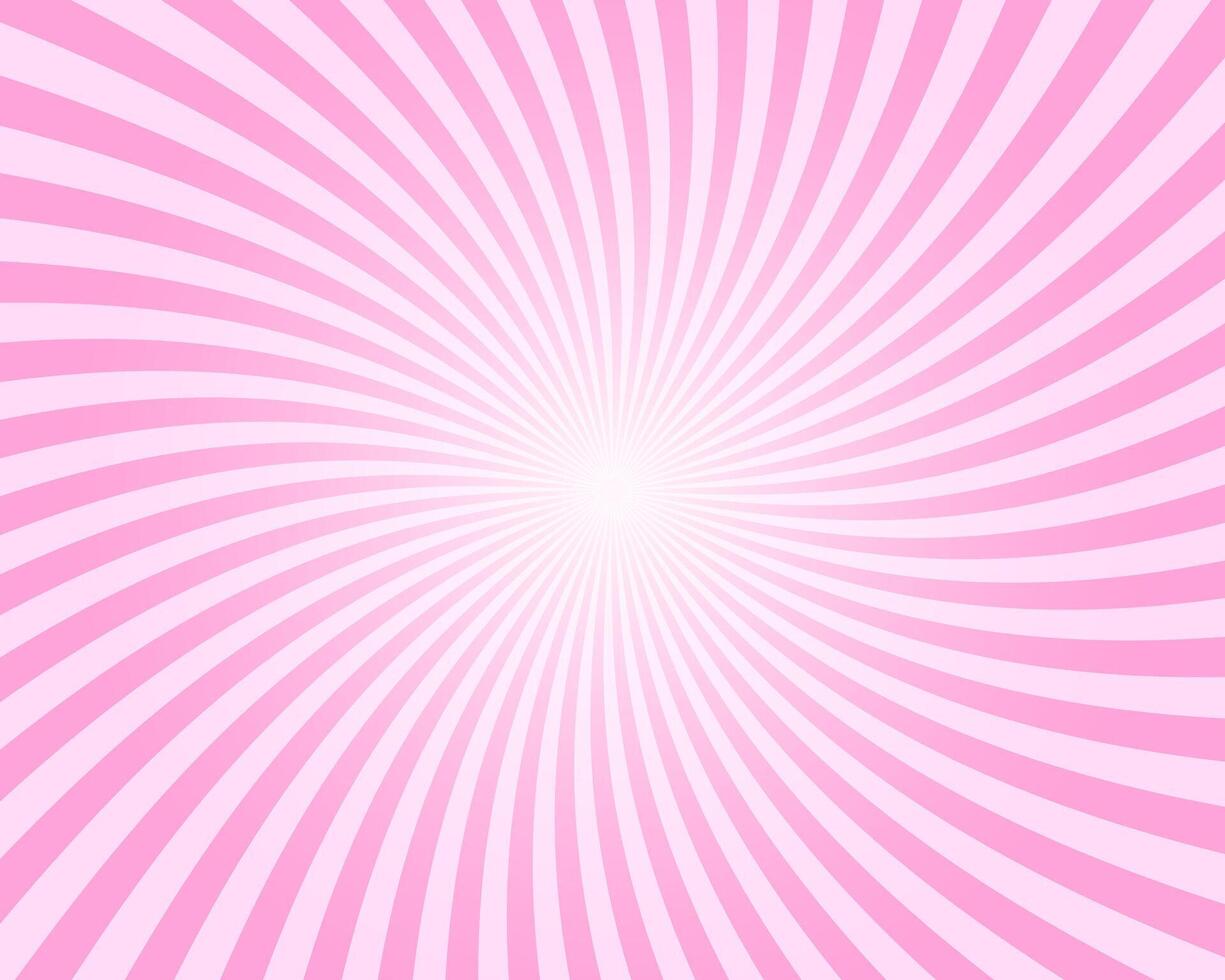 Rosy sunset, twisted radial stipes, pinwheel pattern. Strawberry bubble gum, sweet lollipop candy, ice cream texture. Pink circus, carnival or festival background vector