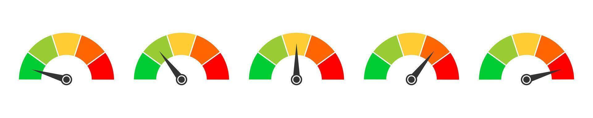 Set of gauge meters with arrows. Colorful indicator to measuring level, temperature, speed, pressure. Rating scale or progress chart template vector