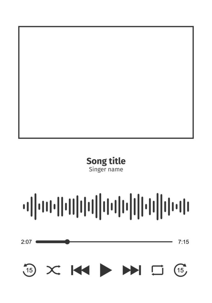 Music player interface with frame for song cover, equalizer, loading progress bar with timer, buttoms shuffle, rewind, play, fast forward, repeat. MP3 player template vector