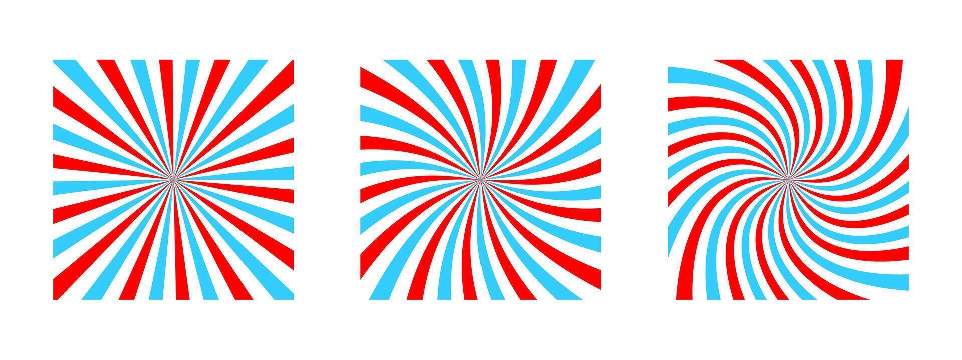 Set of twisted radial pink and blue stripes. Vortex effect. Pinwheel pattern. Circus, carnival or masquerade background. Bubble gum, lollipop candy, ice cream texture vector