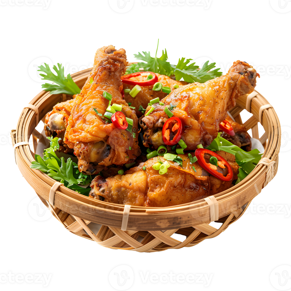 Tasty Fried chicken in bamboo basket isolated on transparent background png