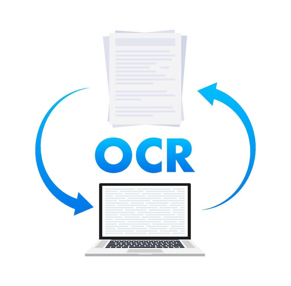 OCR - Optical character recognition. Document scan. Process of recognizing document. stock illustration vector