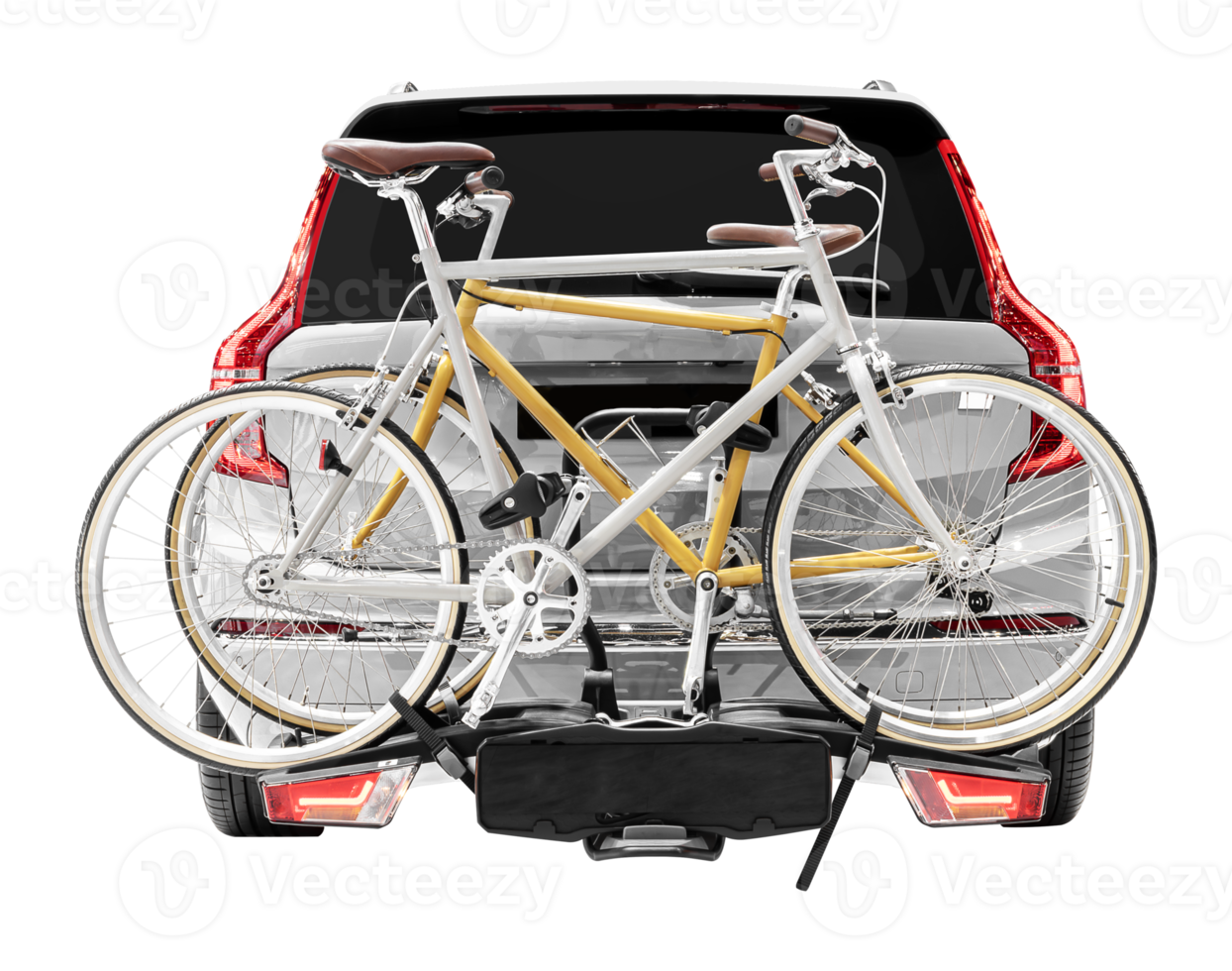 Back view gray suv car with bicycle on the rear rack png