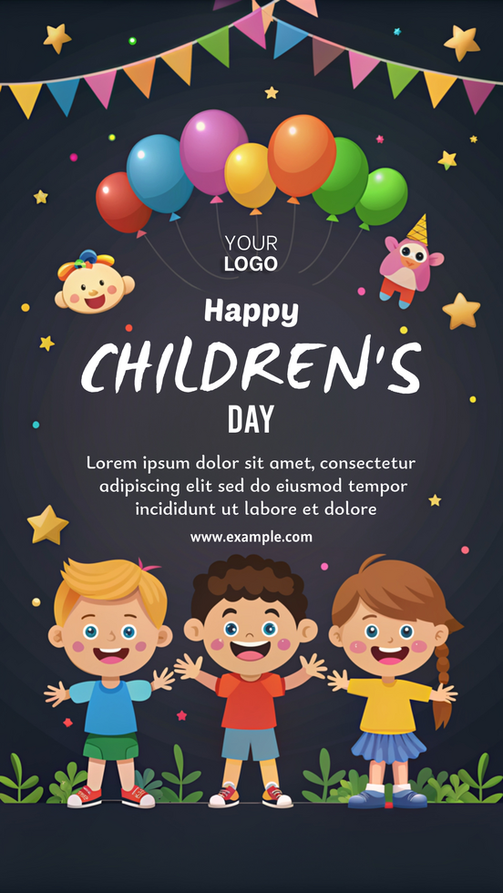 A poster for a children's day celebration with balloons and a birthday cake template psd