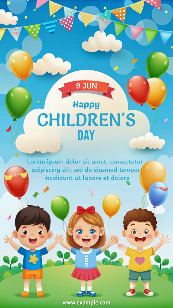 A poster for children's day with three kids holding balloons psd
