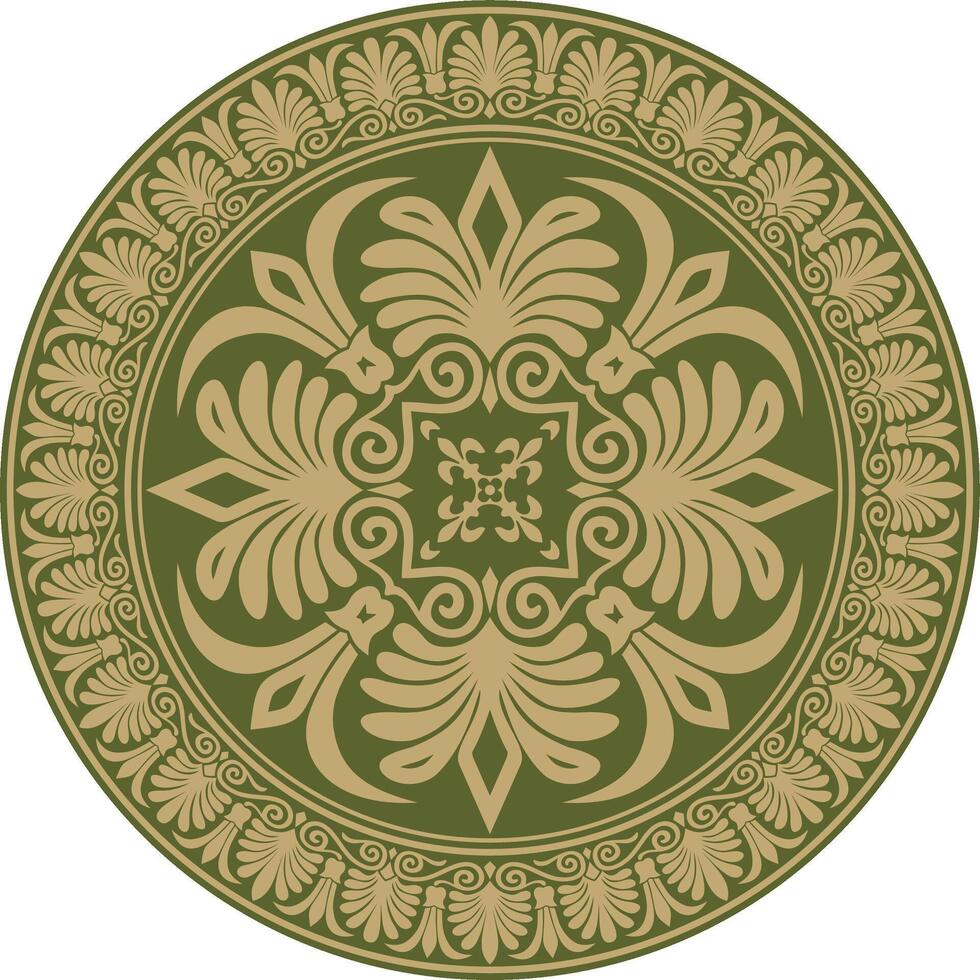 gold with green classic Greek round ornament. Circle of Ancient Greece and the Roman Empire. Byzantine painting of walls, floors and ceilings. Decoration of European palaces. vector