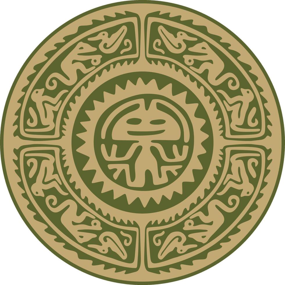 Native American round gold with green pattern. Geometric shapes in a circle. National ornament of the peoples of America, Maya, Aztecs, Incas. vector