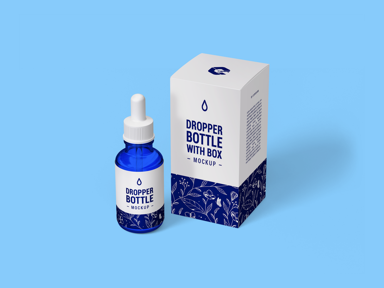 Beauty serum blue drop bottle mockup front view with box - Blue dropper bottle and box Mock Up psd