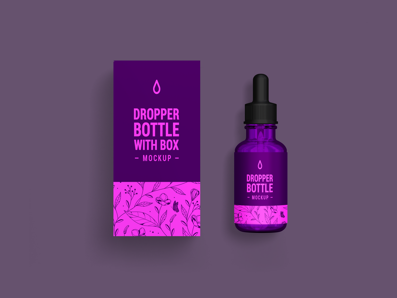 Beauty serum purple drop bottle mockup front view with box - Purple dropper bottle and box Mock Up psd