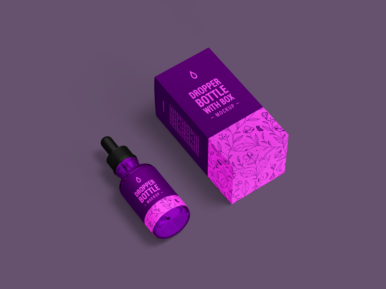 Beauty serum purple drop bottle mockup front view with box - Purple dropper bottle and box Mock Up psd