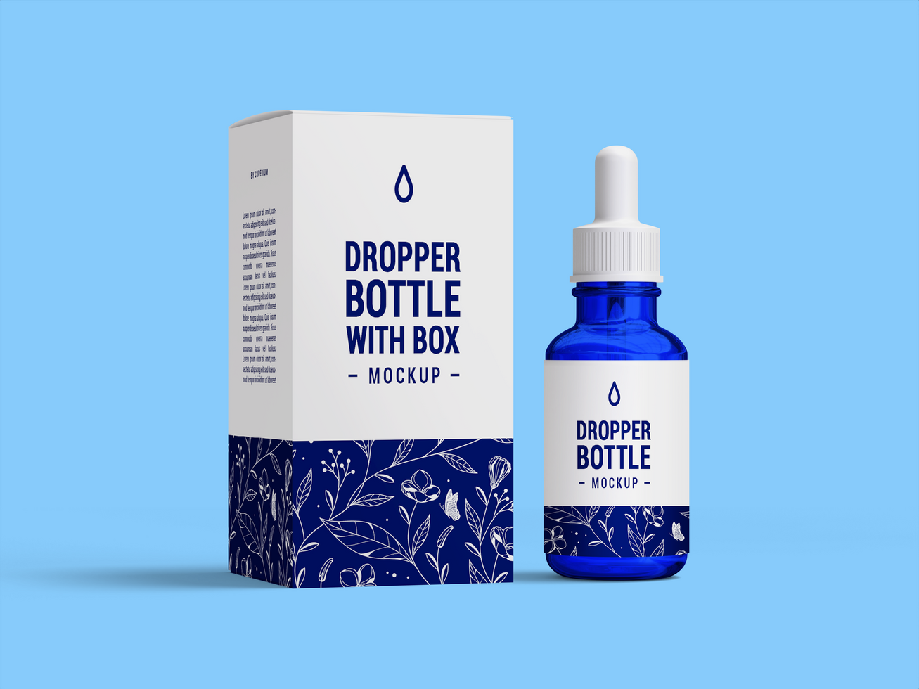 Beauty serum blue drop bottle mockup front view with box - Blue dropper bottle and box Mock Up psd