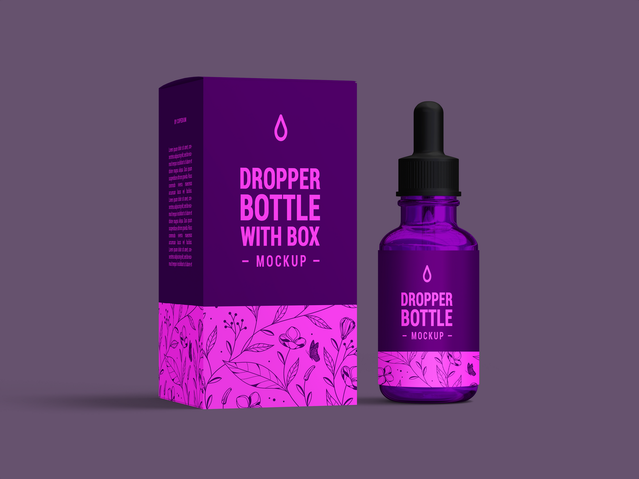 Beauty serum purple drop bottle mockup front view with box - Purple dropper bottle and box Mock Up psd
