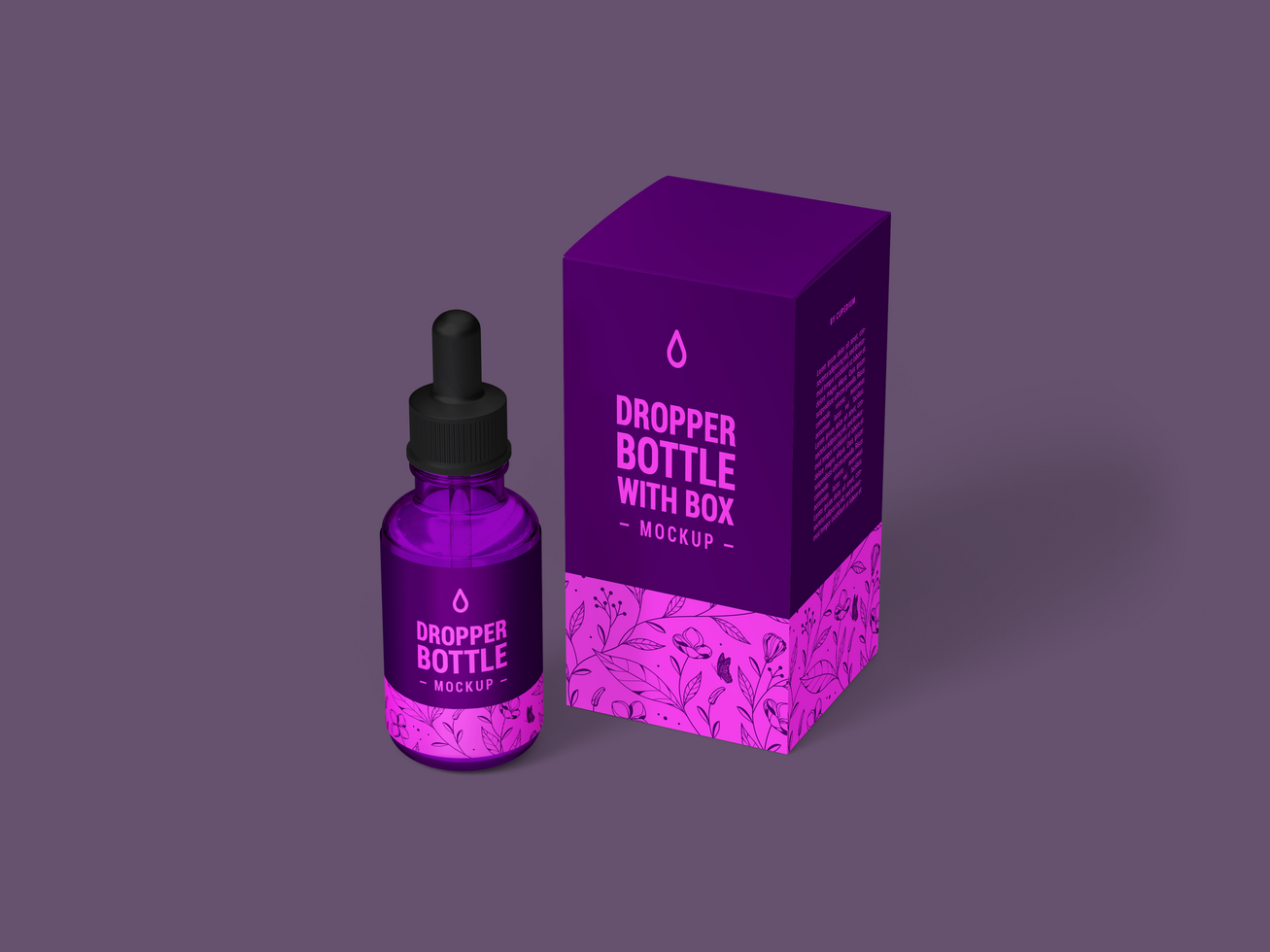 Beauty serum purple drop bottle mockup front view with box - Purple dropper bottle and box Mock Up psd