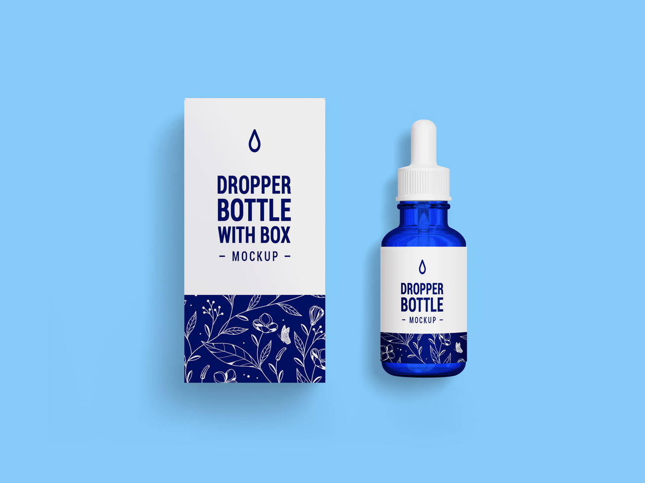 Beauty serum blue drop bottle mockup front view with box - Blue dropper bottle and box Mock Up psd