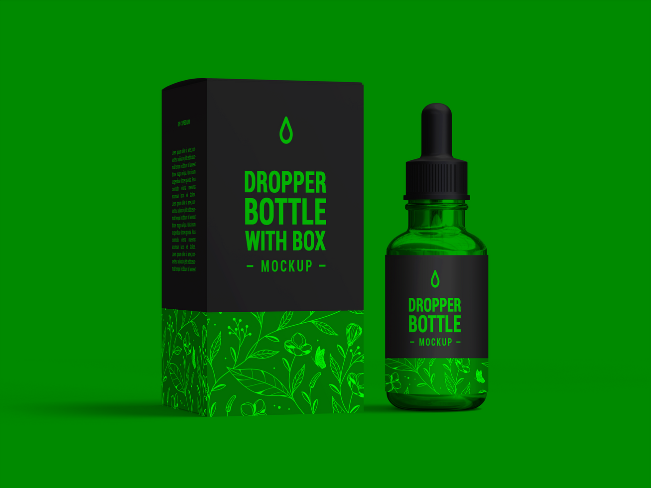 Skincare Green glass dropper bottle with box mockup - Dropper Set Mock up for branding psd