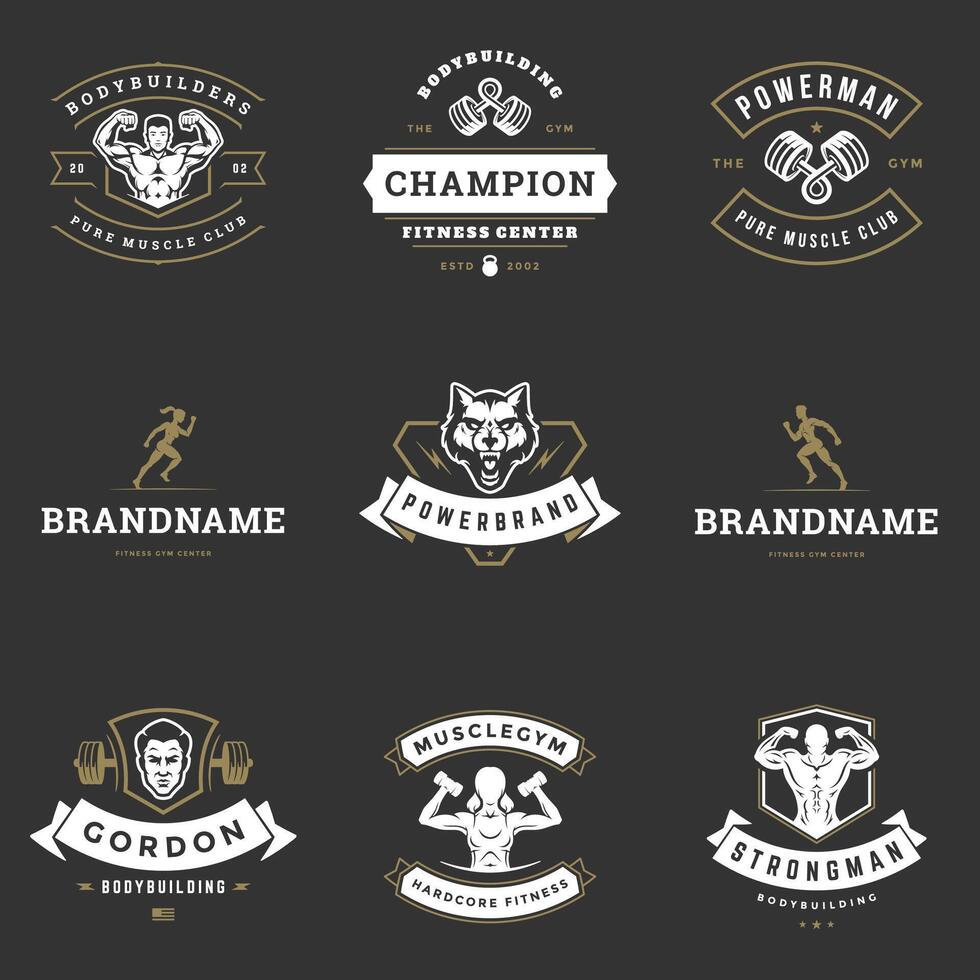 Fitness center and sport gym logos and badges design set illustration. vector