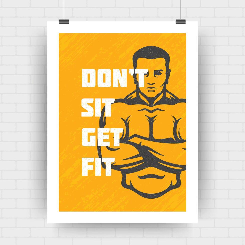 Fitness motivation poster retro typographic quote design template with bodybuilder man silhouette vector