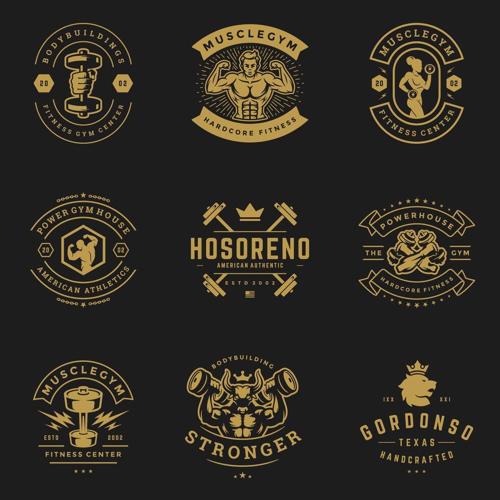 Fitness and sport gym logos and badges design set illustration vector