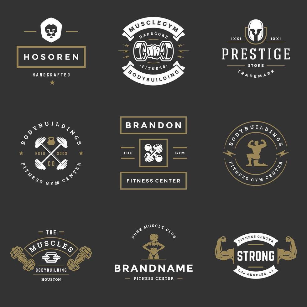Fitness center and sport gym logos and badges design set illustration retro typographic labels with equipment vector