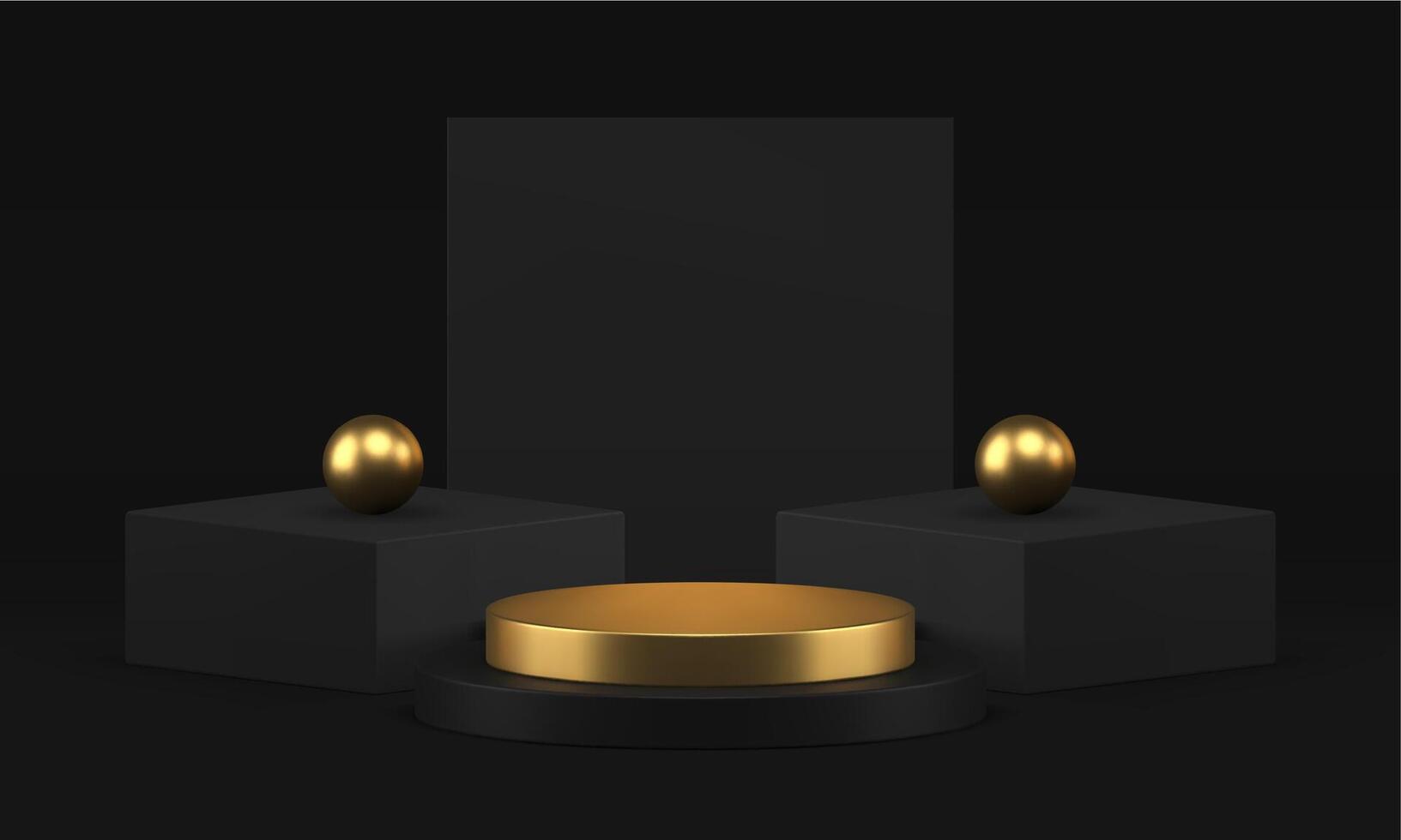Black luxury 3d squared podium pedestal with golden cylinder stage and sphere realistic vector