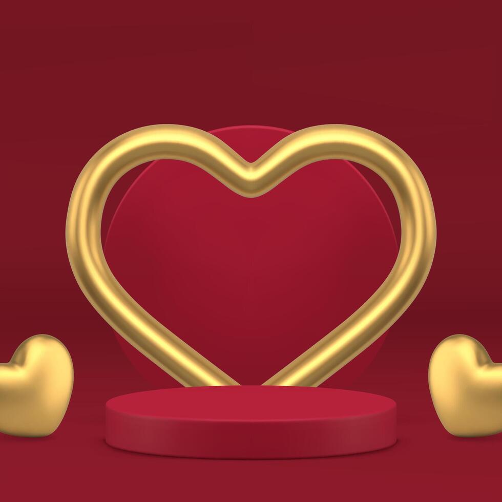 Luxury romantic 3d podium pedestal with golden heart wall for product show realistic vector