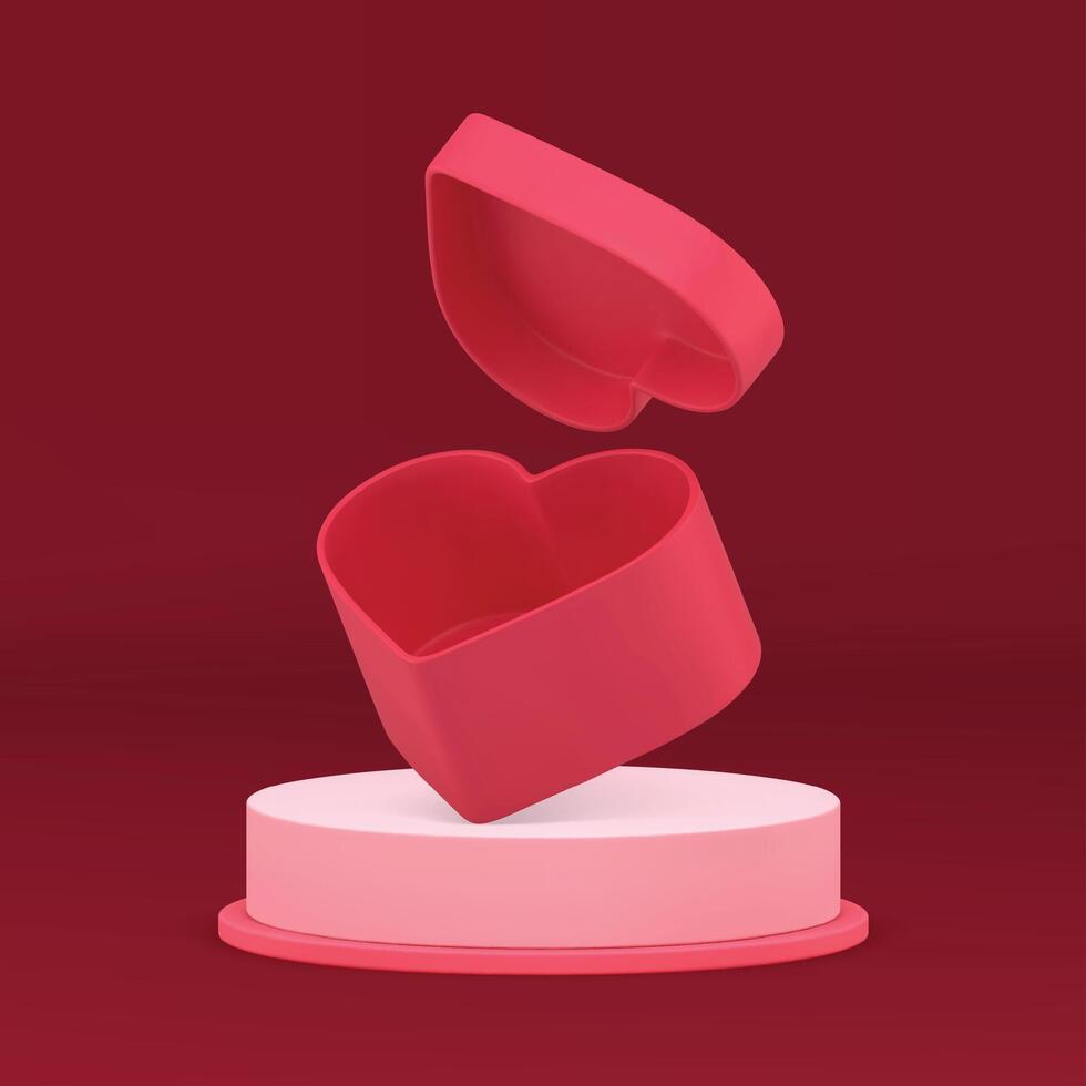 3d pink podium with red heart gift box festive presentation display realistic illustration vector