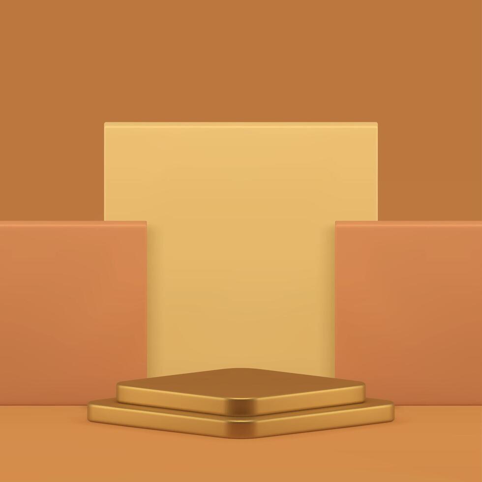 Golden 3d rhombus podium pedestal with beige geometric wall background realistic vector