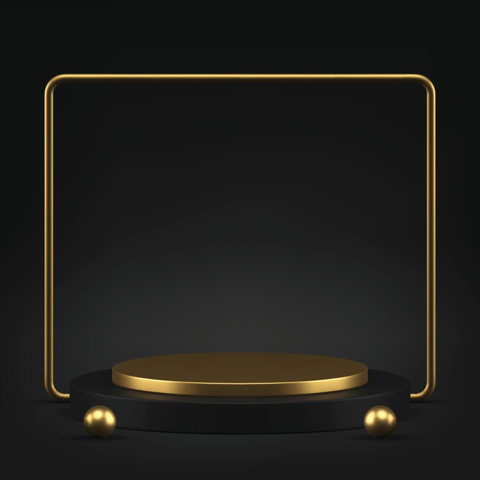 Luxury 3d black podium with golden squared frame and sphere for presentation realistic vector