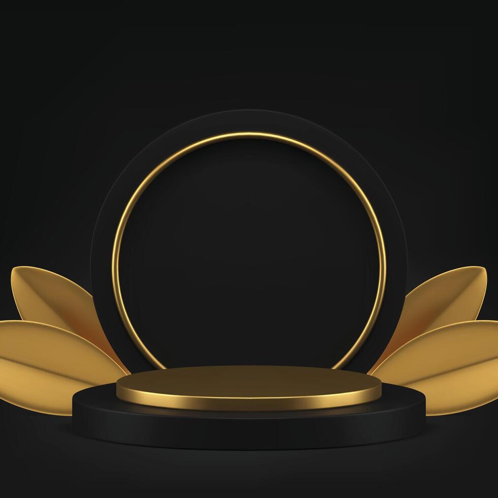 Black luxury 3d cylinder podium mock up for fashion product show presentation realistic vector