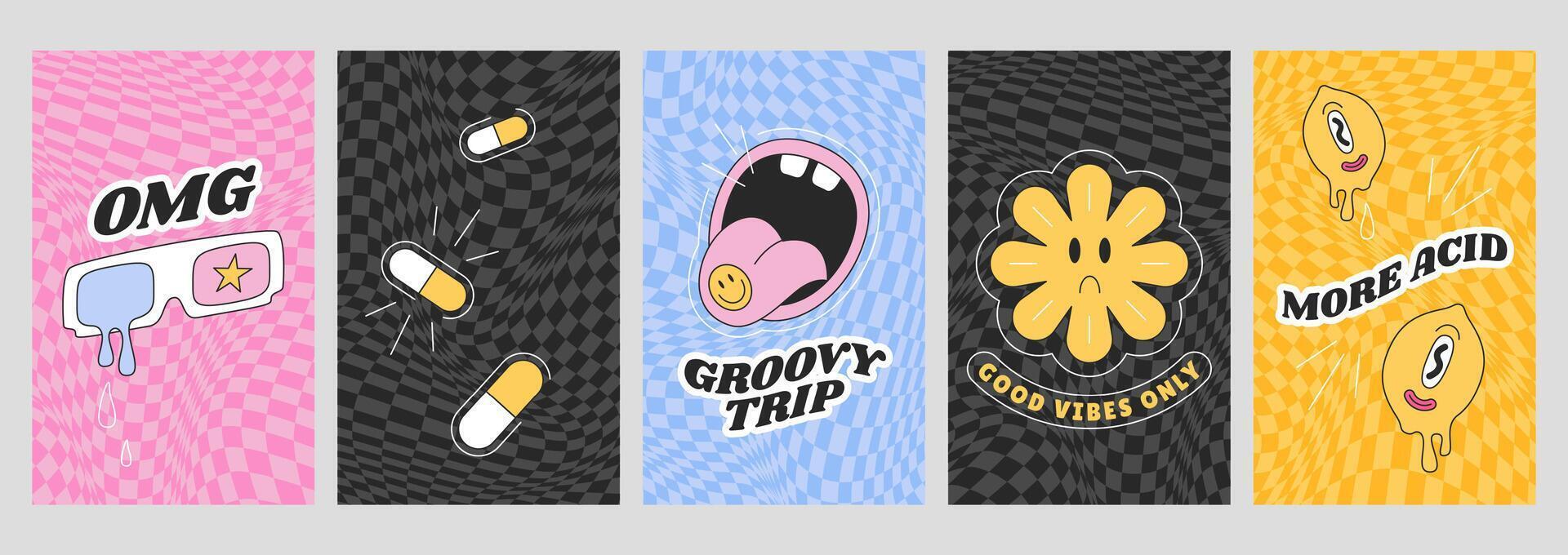 Checkerboard set with distorted grid tile. Checkered seamless pattern in psychedelic y2k style. Warped chessboards with groovy daisy flower, hippie mouth with tongue, cinema glasses and retro stickers vector