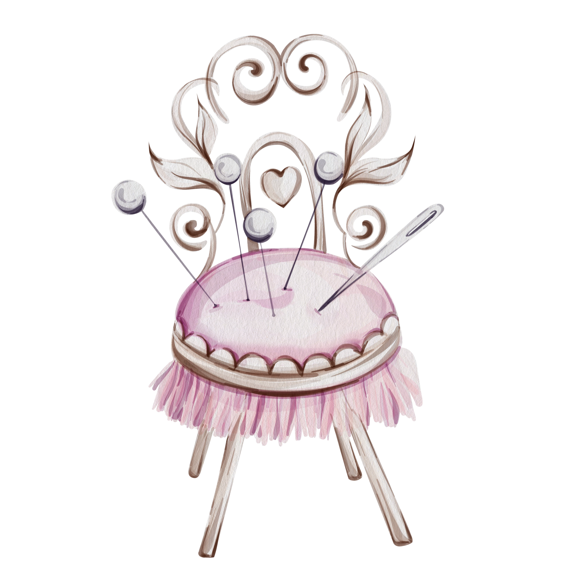 Watercolor Elegant Sewing Chair with Pin Cushion and Ornamental Details, perfect for your DIY
