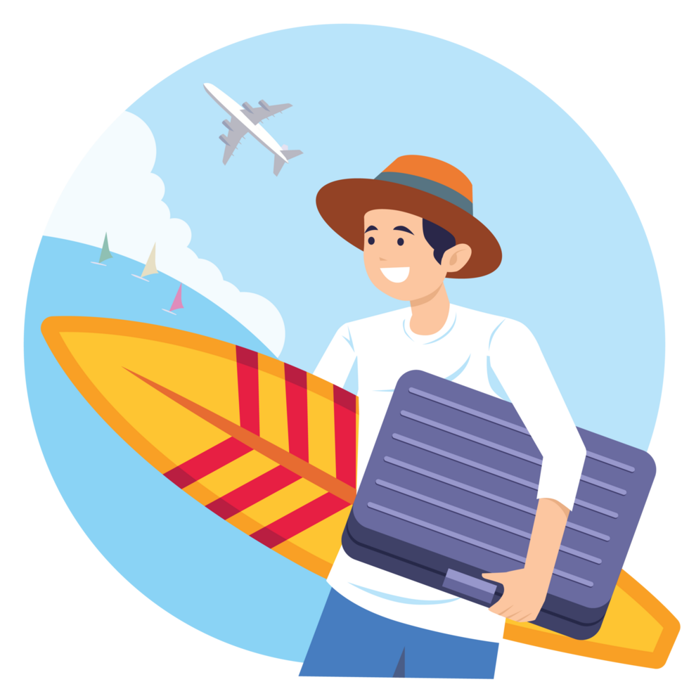 Vecation of employee man go to the beach for surf flat illutration web graphic design blue color background png
