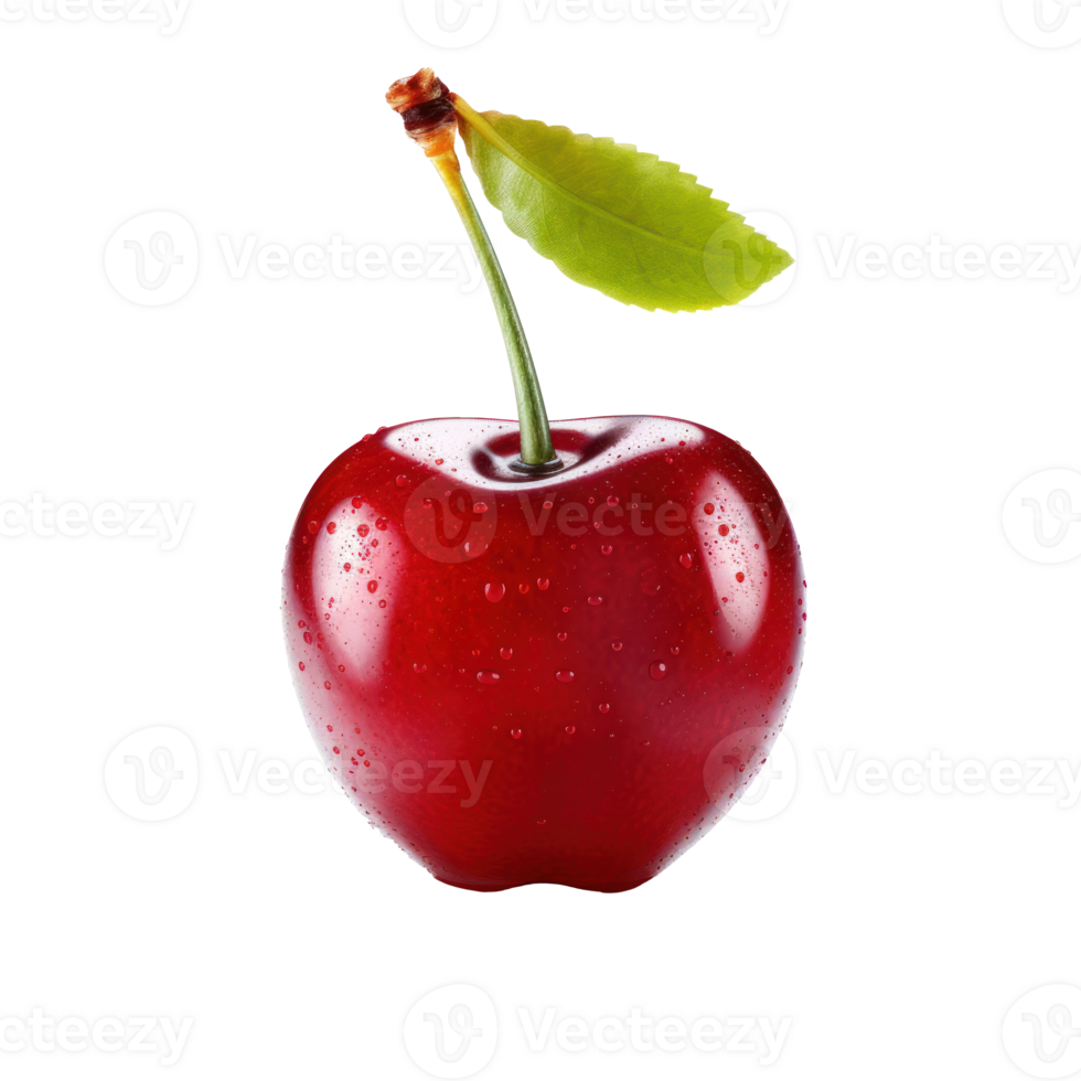 Fresh Red Cherry with Dew Drops and Green Leaf. Isolated on Background png