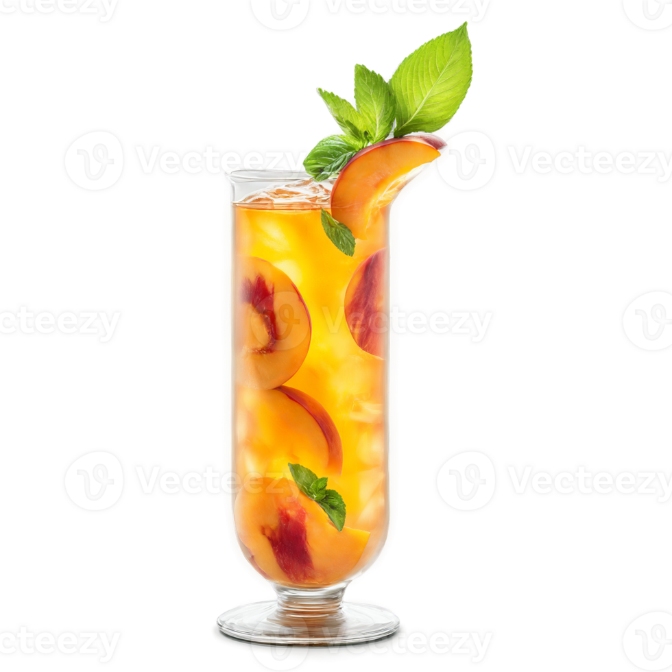 Peach iced tea with sliced peaches and mint leaves suspended in liquid Food and culinary png