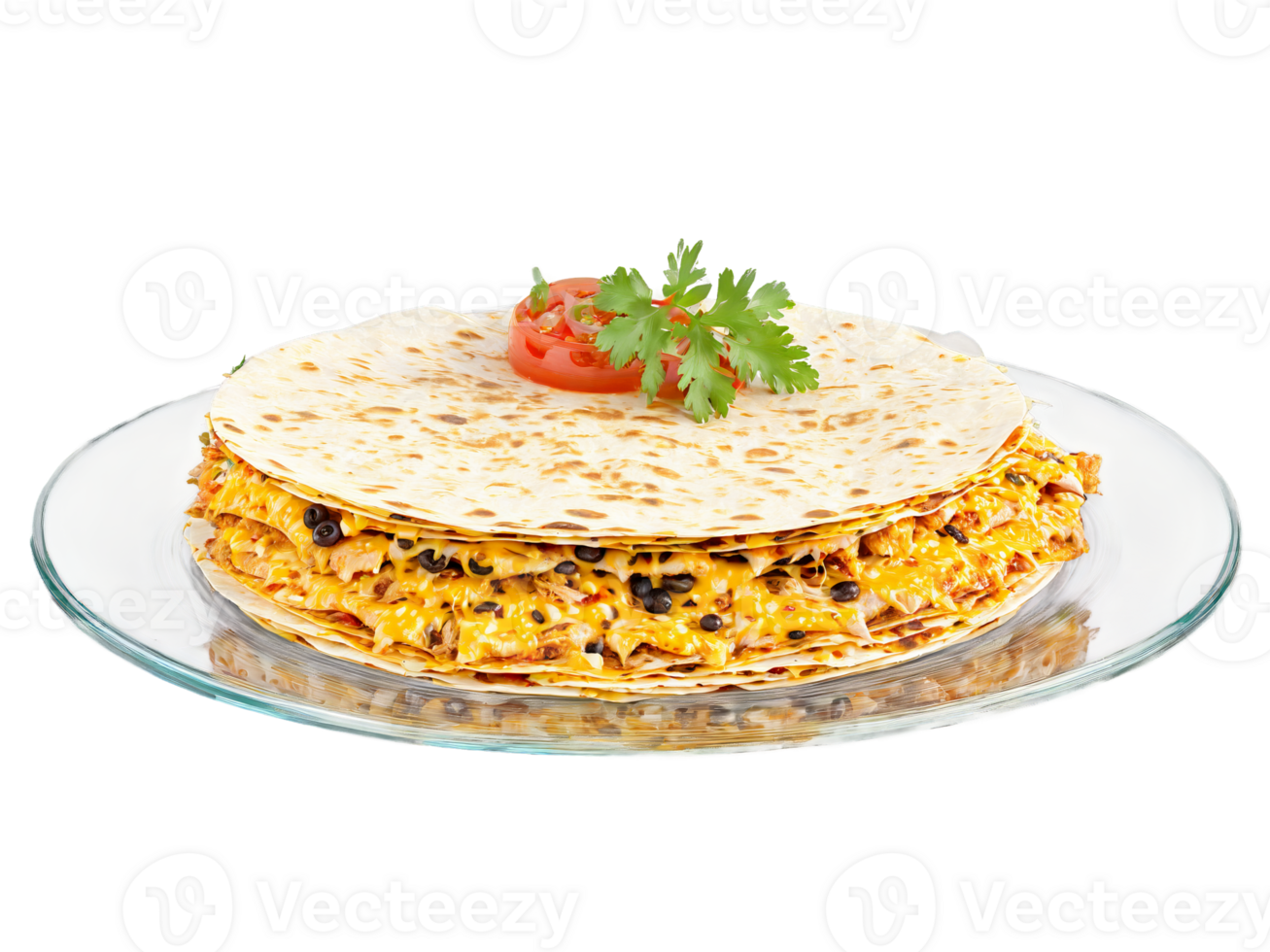 Quesadilla cheese and chicken with salsa served on a transparent glass plate cheesy and spicy png