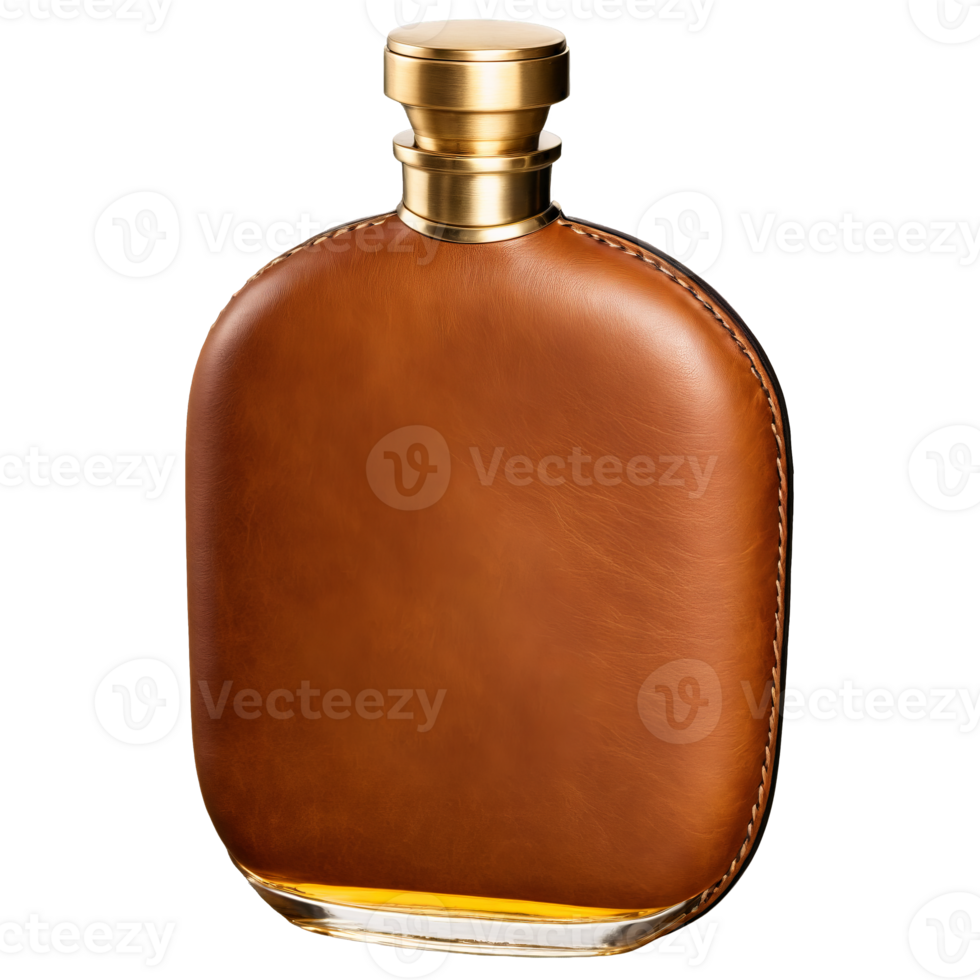 Rustic leather wrapped flask with a brass cap filled with a golden whiskey Mockup concept png