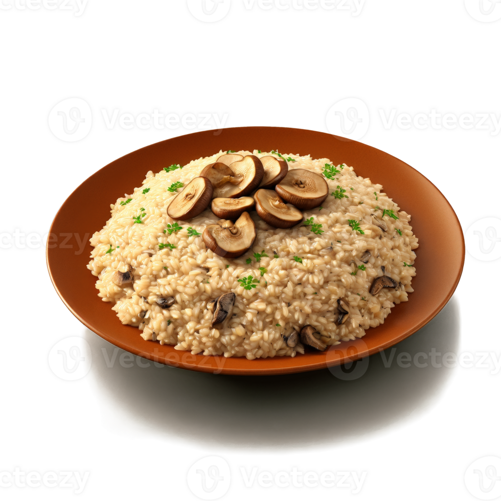 Mushroom risotto creamy arborio rice with sliced shiitake and oyster mushrooms isolated on transparent Food png