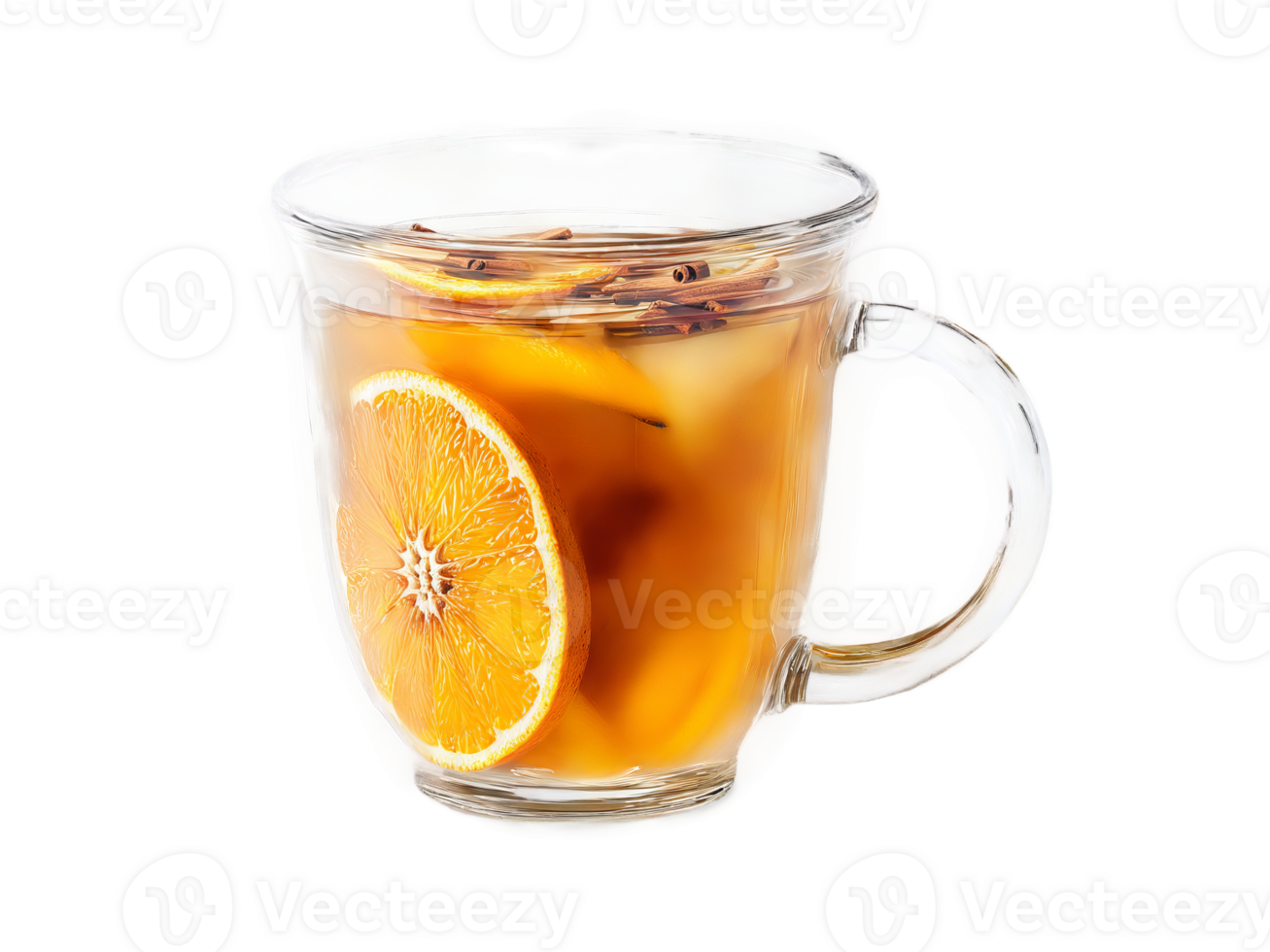 Autumn beverage mulled cider with cinnamon and orange slices served in a transparent glass mug png