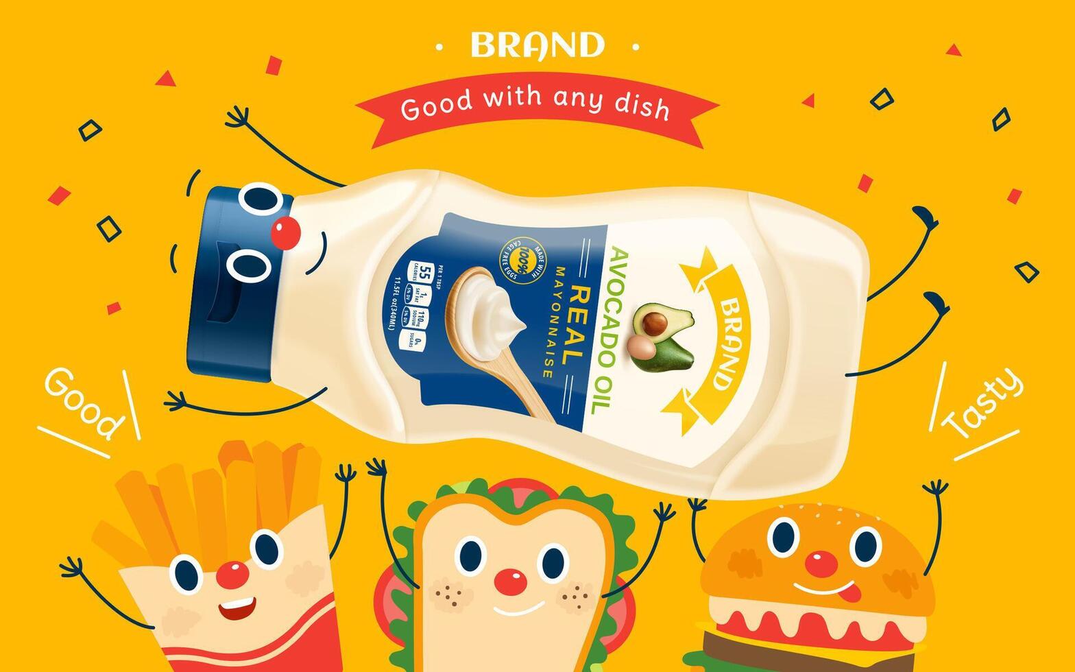 Real mayonnaise bottle raised by cartoon french fries, sandwich and burger, 3d illustration vector