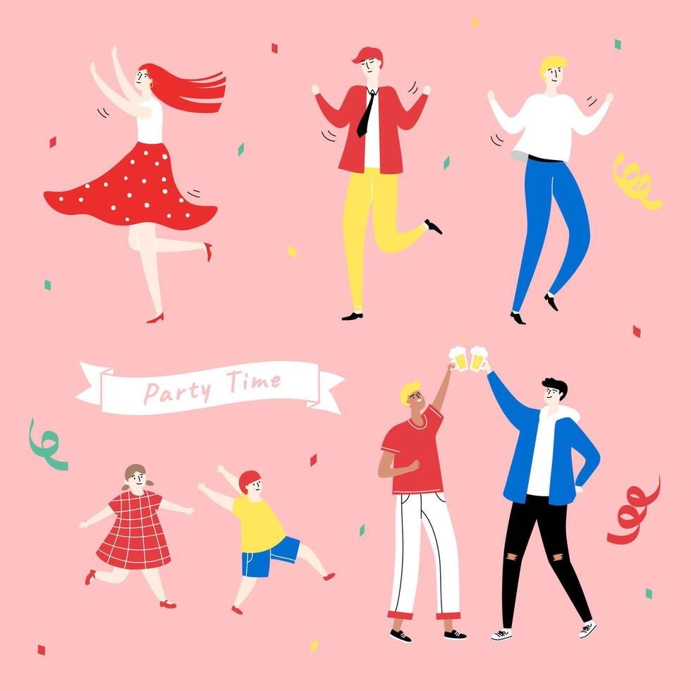 Colorful doodle of people partying on pink background with confetti vector