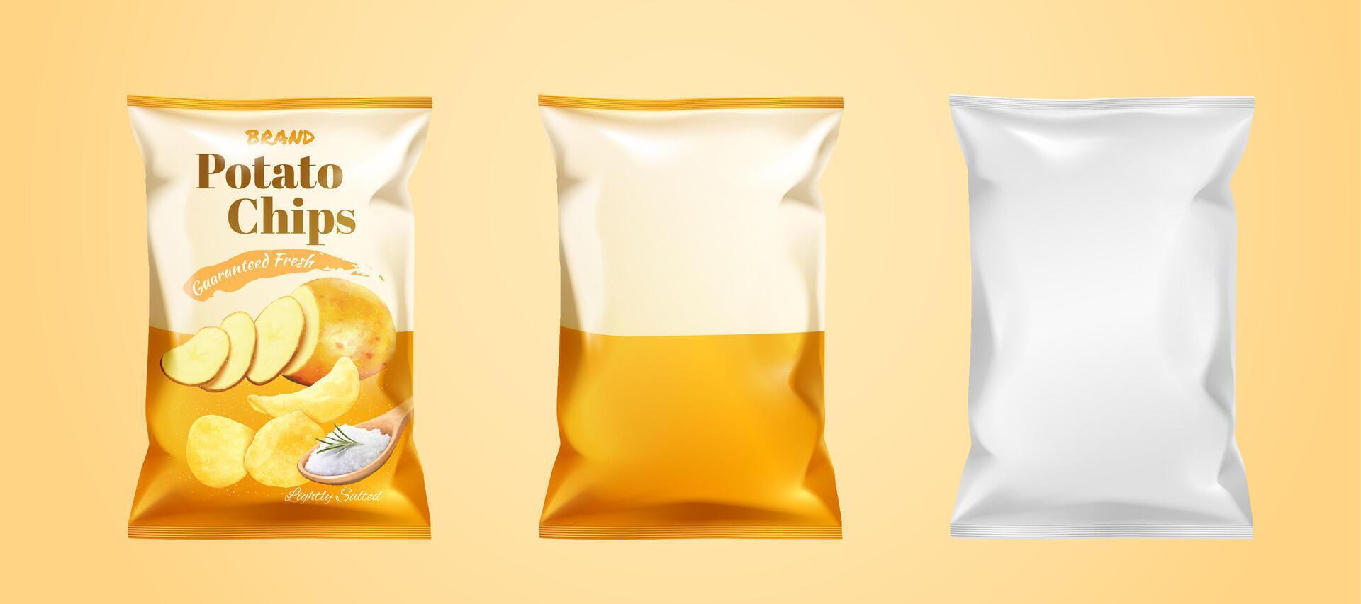 Potato chips package design, set of foil bags isolated on biege background in 3d illustration vector