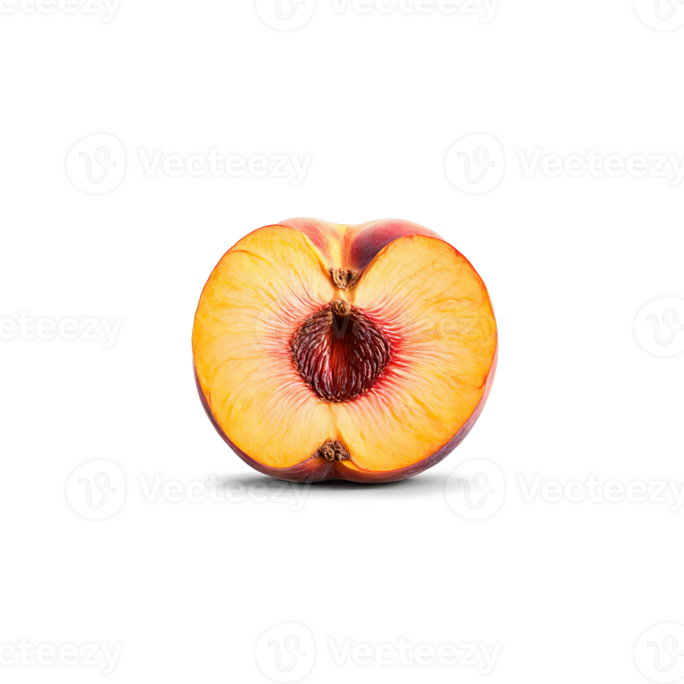 Peach with fuzzy skin and sliced half revealing pit in motion Food and culinary concept png