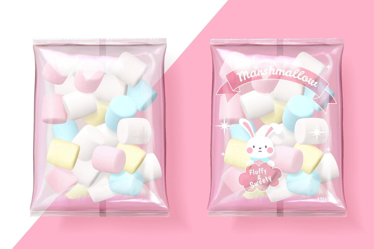 Marshmallow packets on pink and white background in 3d illustration vector